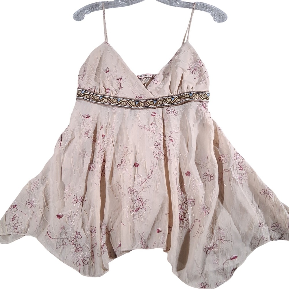 Papaya Womens Y2K Embroidered Babydoll Top Beige Floral Handkerchief Hem MEDIUM - Picture 2 of 13